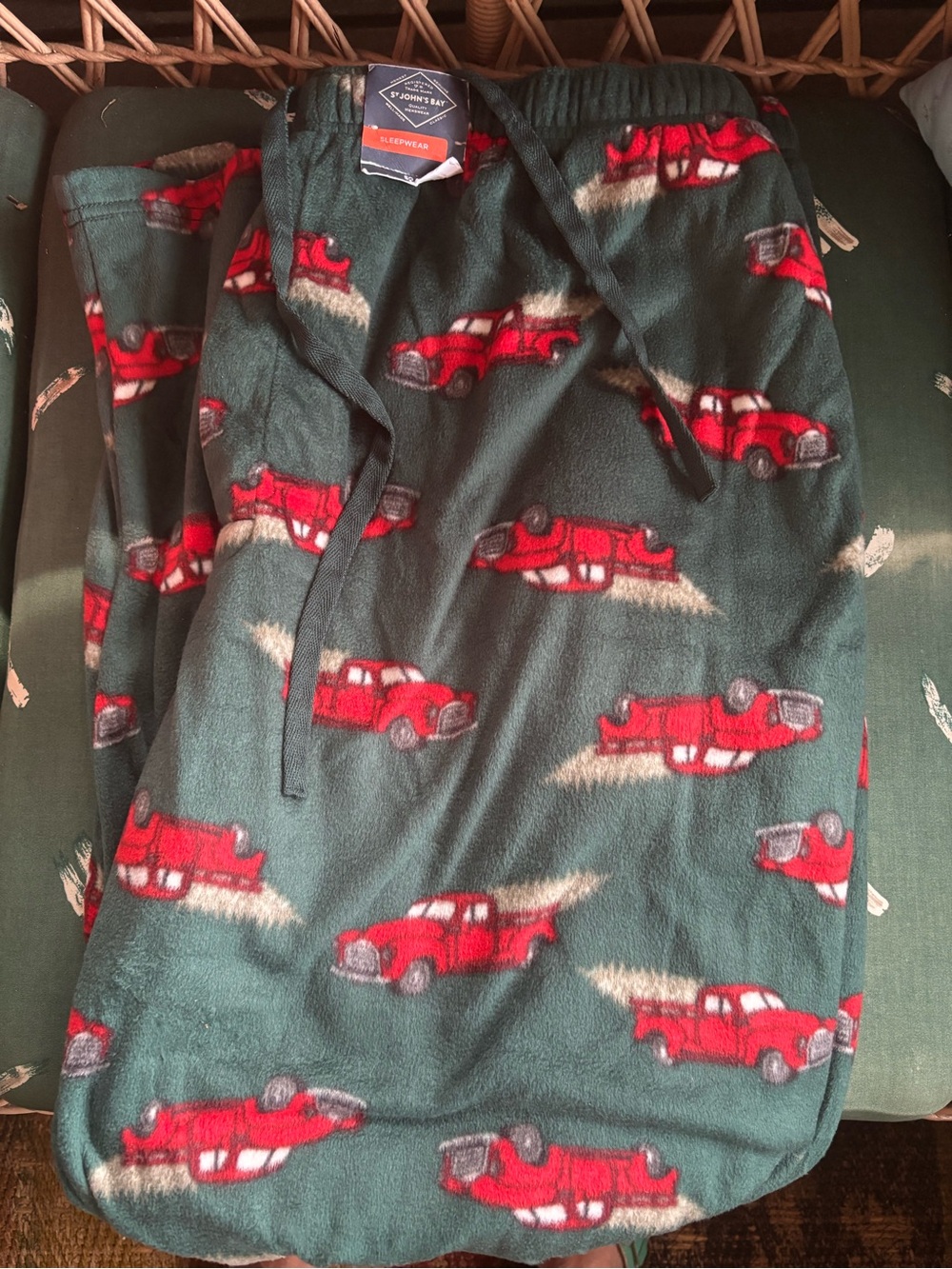 St. John's Bay Green Fleece Sleep Pants with Red Truck Print